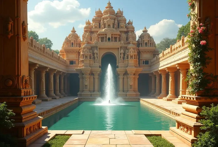 Imagine an enormous rectangular fountain set in the heart of an ancient Indian temple courtyard. The fountains structure is made of golden-brown sandstone, weathered over centuries, giving it a timeless, mystical aura. At the center rises a towering, intri...