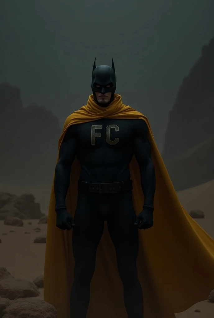 A masked hero with an angry face in black with the yellow cape and the letters FC on his chest in the dark desert 
