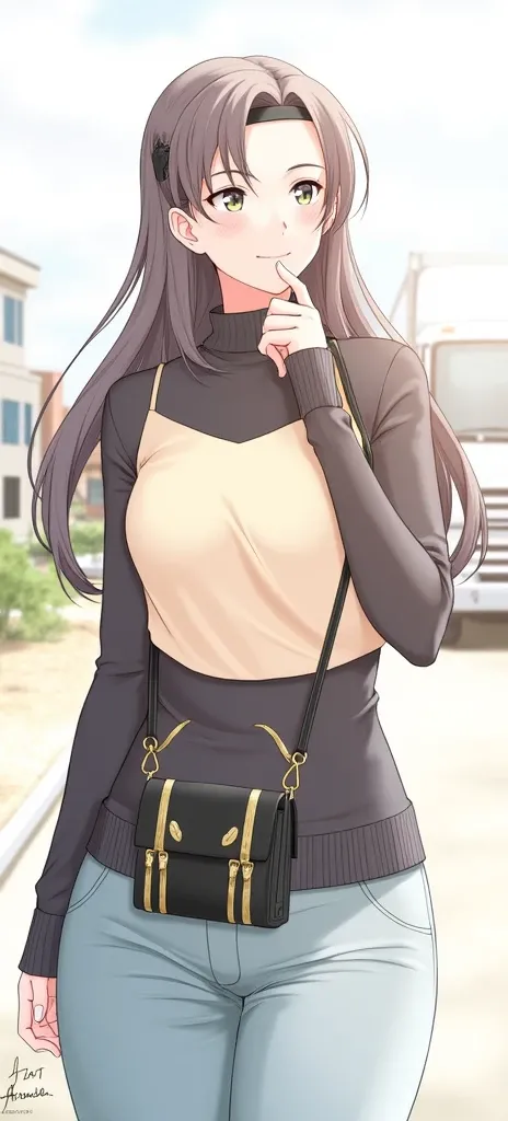 A young woman standing outdoors on a sunny day. She has long, dark hair flowing down, with a black headband or scarf accentuating her style. She is wearing a fitted black long-sleeve top that highlights her figure, along with low-rise gray pants. A small b...