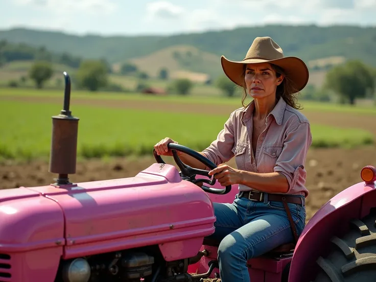 realistic image of a woman wearing a cowboy hat driving a pink agricultural machine in the field