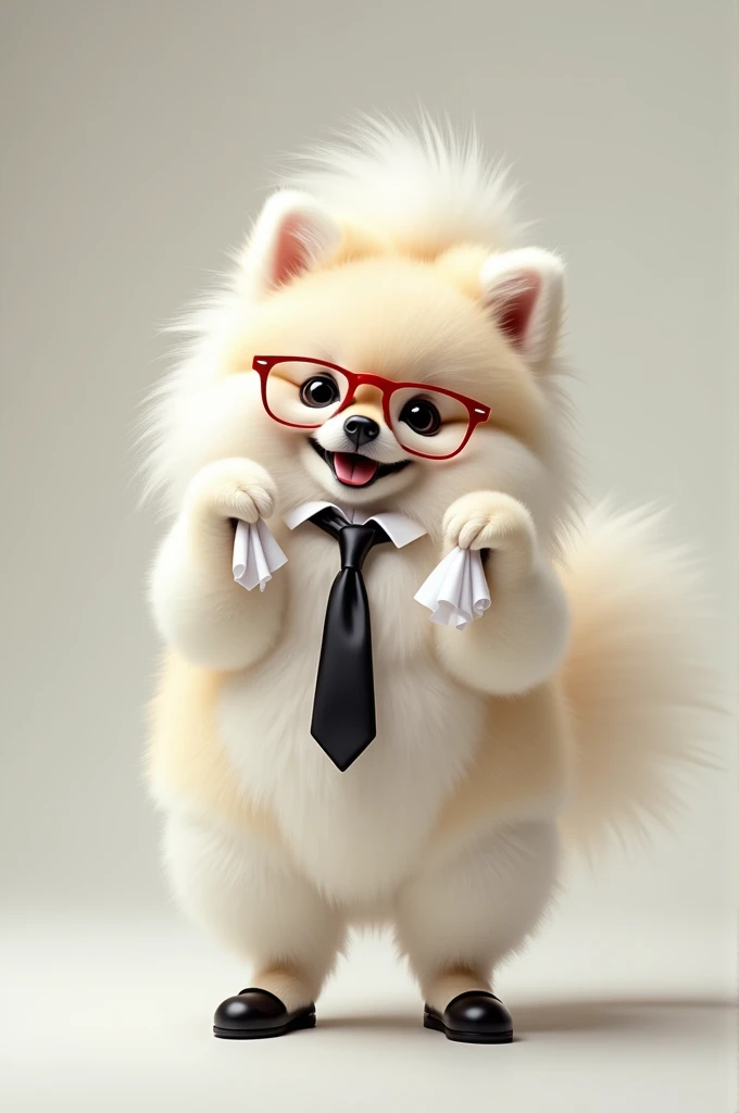 It sounds like youre describing an image of the shiny white Pomeranian standing tall on two legs, wearing shoes on its hind legs, red glasses, a black tie, and holding handkerchiefs raised high in its front paws. 