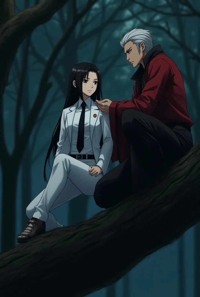  Korean-style black-haired young anime character with a great physique with black eyes , very white skin, A focused expression, white suit and black tie and black crouched pants facing forward , But her sensei with gray hair brushed back and some parts of ...