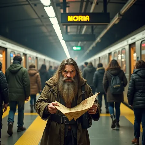 A realistic photo of a modern subway station in the present, a subway has just arrived and is standing at the platform and people are getting on and off.
In the middle of it all, a little lost, stands a treasure hunter dwarf in the style of lord of the rin...