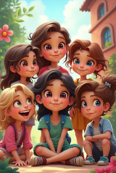 Group with 5 girls and 1 boy in a cartoon 