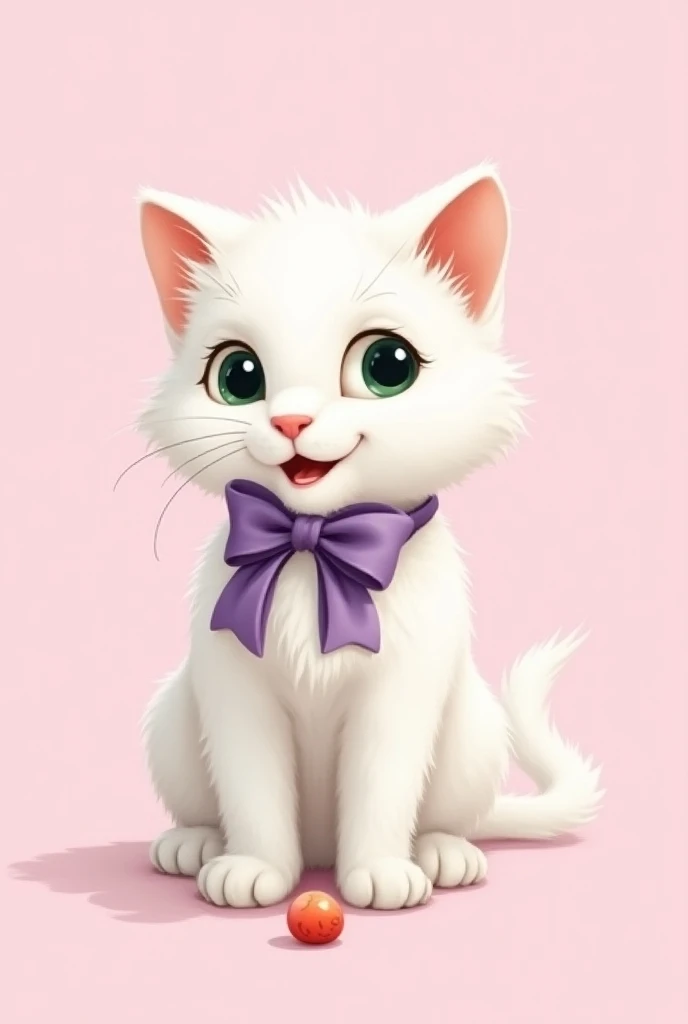  A detailed digital cartoon illustration of a white Disney-style kitten with a purple bow tie.  The kitten is playing with a marble against a light pink background . Its fur is soft and fluffy ,  and its eyes are deep green .  Its nose is pink and its mout...