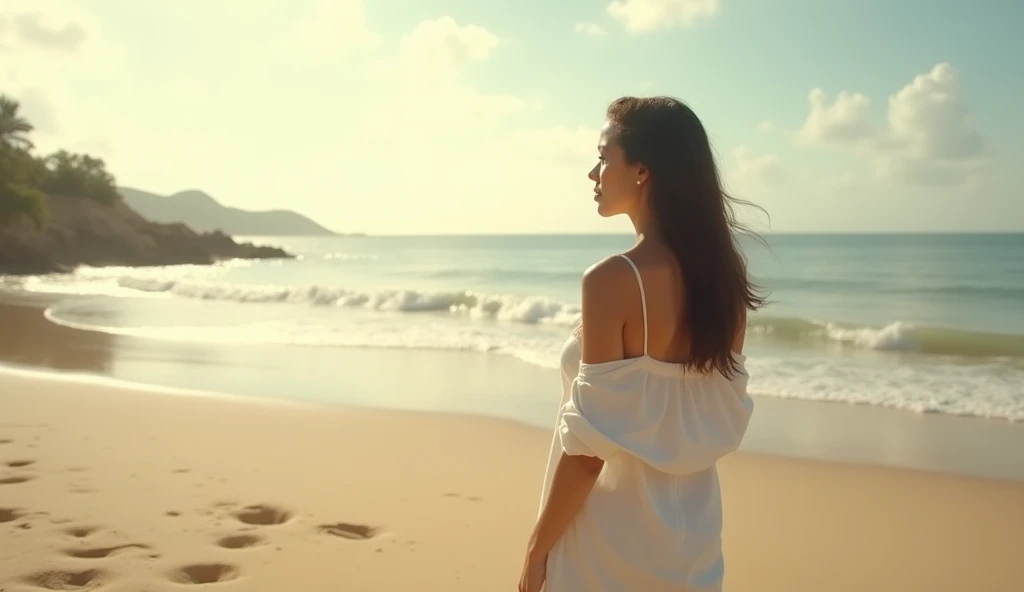 A landscape of a Brazilian woman ,  on a beach wearing an open white shirt, looking at the horizon, with medium breasts, image with opaque colors 