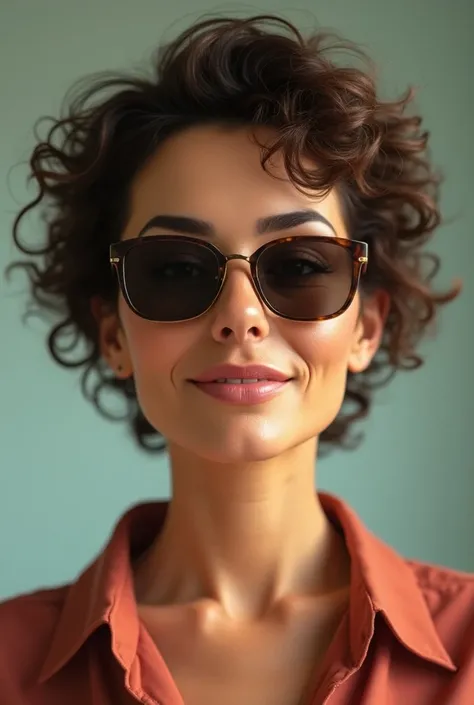 Woman of 50 Years. Short curly and curly hair. with sunglasses.