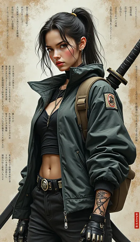 
Painting style rendering, realistic and full body. bottom view , Art by ZHao Wao-Ki. portrait of a humanoid female robot warrior with arrogance, wearing urban streetwear and a samurai sword carried on her back, a dynamic look. kanji text detail background