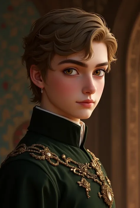 Make a realistic character , he is young,  light brown hair and yellowish brown eyes.  The art style should be close to Game of Thrones . He must be a nobleman 
