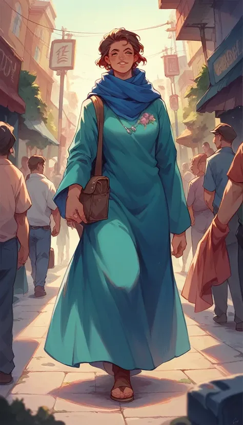 A super realistic image of a woman wearing a traditional Persian dress, with a blue long scarf on her head. Walking on busy London street. Besides her, A large size of lion walks along her. People are amazed at this.