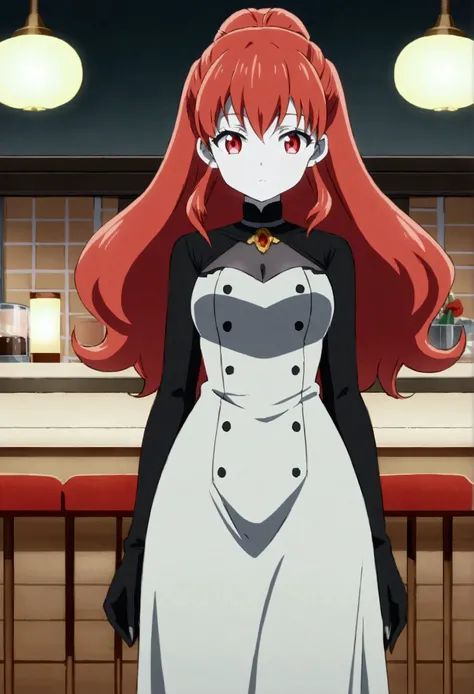 Medium-breasted girl , redhead, red eyes,  dressed in a low-cut dress close to the black skin,  white skin, in a restaurant(anime style) 