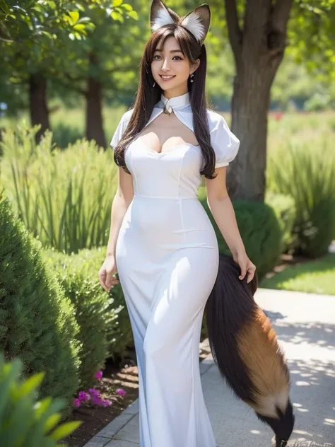 ((Best Quality, 8k)), ((masterpiece)), ( highest resolution ),  perfect face, Woman with fox ears, Woman with a tail, Beautiful woman, She is a housekeeper, It was taken in the garden, Only one tail, She has thick thighs, Her big fox tail, I can see her fo...