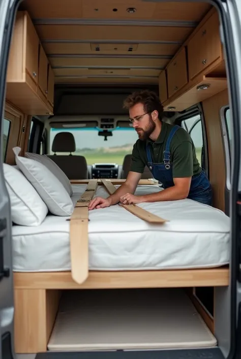 Assembling a MotorHome bed from the inside 