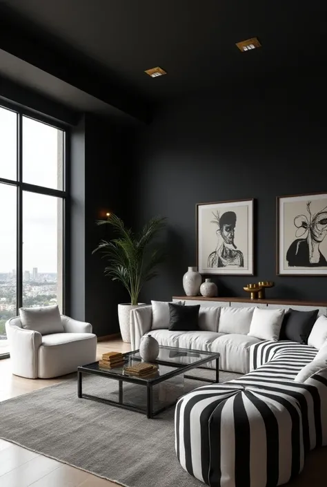 RAW photography, ultra wide angle, 16mm Lens, entire room, contemporary living room with black walls like Kelly Wearstler, very light wooden floor, large contemporary white linen armchair, huge black and white striped curved sofa, fireplace, large brutalis...