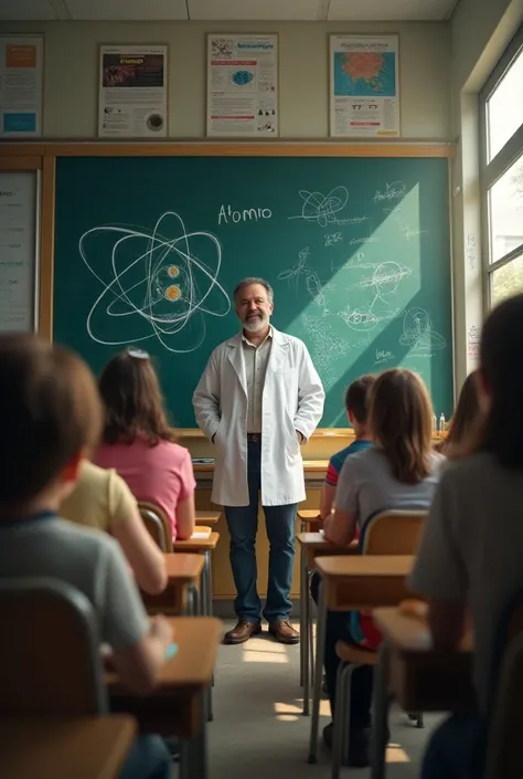 A classroom with a chemistry teacher with the drawing of an atom on the comic board 


