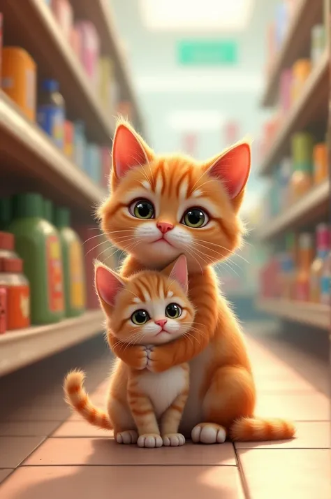 A kitten went to the supermarket with his mother cat to get some candy and when he returned his mother was gone and he got scared and started to cry then his mother cat found him and hugged him and they went home together 