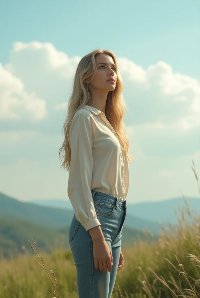 Create a realistic image of a 20 year old woman,
long blonde hair, blue eyes, cheekbones,
((full body)), from head to toe, full body. hyper realistic photo.
A blonde woman with long hair, standing on a hill watching the clouds pass by. She is wearing a lig...