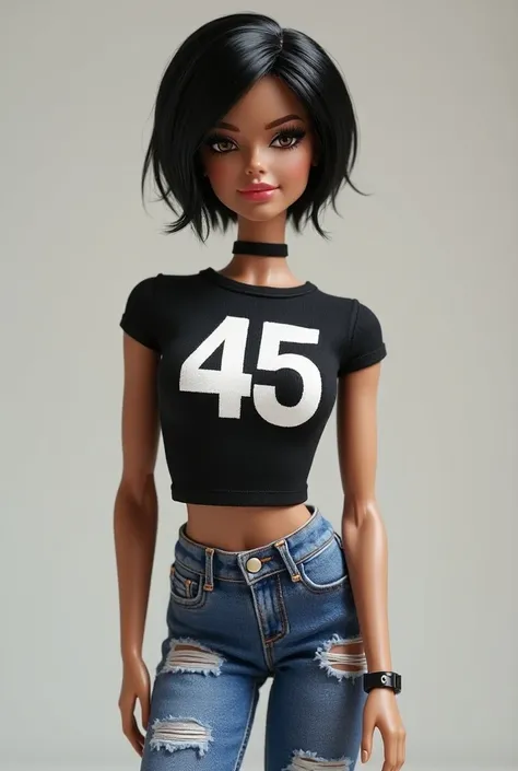 Hot Barbie image with short black hair, jeans, Little blouse with the number 45 on the chest 