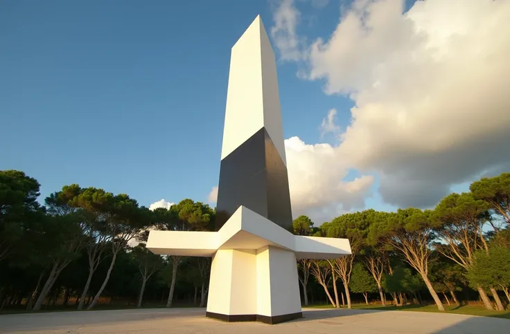  The image shows an imposing structure ,  that seems to be the Cabo Branco Lighthouse .  The construction has a unique geometric shape ,  composed of a large vertical block that resembles a rectangular prism with straight edges .  This tower rises in the c...