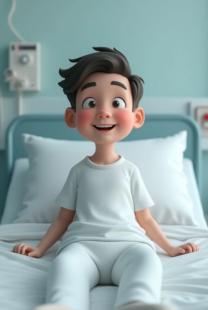 A   sitting on a hospital bed with his eyes open smiling realistically 