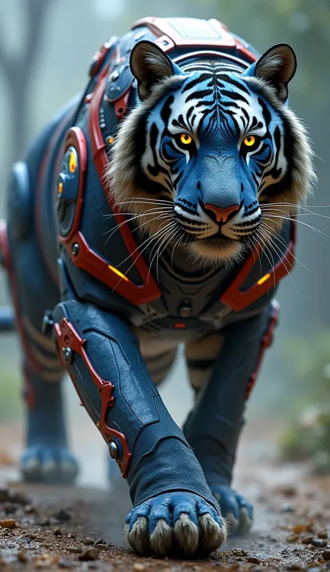 Sure! Heres the updated prompt based on your request:

**Prompt:**
"Visualize a tiger fully encased in a robotic, Transformer-like suit with all of its body, including the face, completely covered by metallic armor. The suit is detailed with intricate blue...