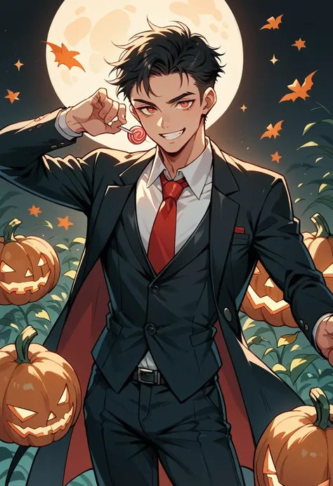  A character whose head has a pumpkin with a macabre smile,  a black suit with a red tie , Your hands hold a lollipop ,  and pants that match the suit 