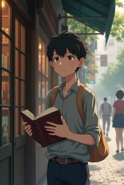 A young man leaving a bookstore, holding a book, with a thoughtful expression. anime