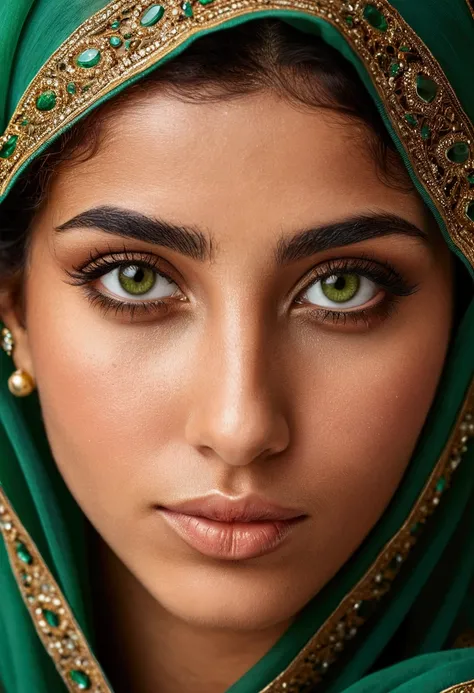 A beautiful 25-year-old woman with brown eyes, green bronze eyes, Maghreb type 