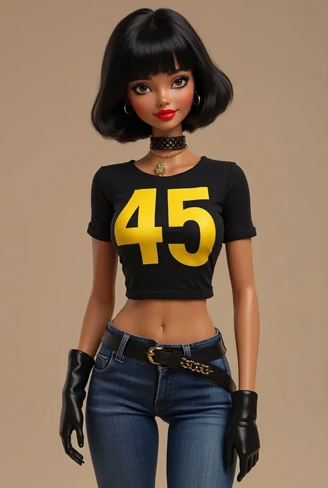 Hot Barbie image with short black hair, skinny jeans, thick thighs,  Blouse with the number 45 in yellow on the chest