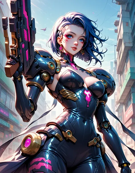 anime-style illustration of a woman with a gun and a gun, mechanized valkyrie girl, cyberpunk anime girl mech, girl in mecha cyb...