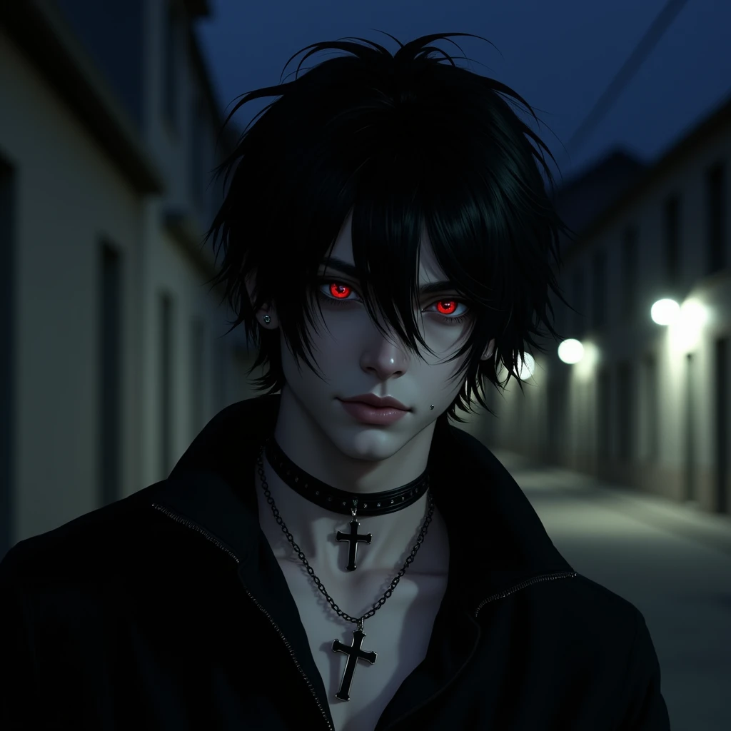 Gorgeous man with dark slightly wavy hair, messy bangs, nose piercing, red eyes, cross necklace, extremely pale skin, black emo clothes like an emk. Slightly toned body. Background of a dark street at night. Choker. Masterpiece, Anatomically Correct, Best ...