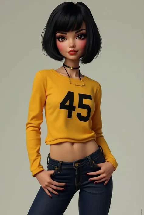 Hot Barbie image with short black hair, skinny jeans, thick thighs,  Blouse with the number 45 in yellow on the chest