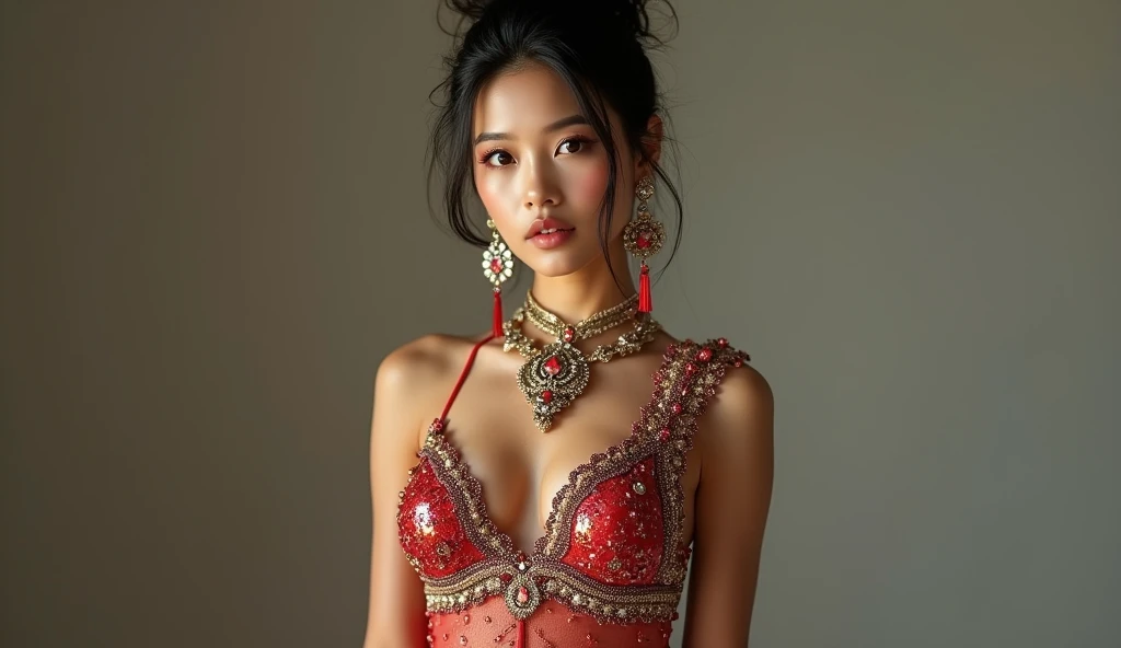 beautiful woman, lingerie model, with ornate necklace and earrings, asian woman, red one shoulder jeweled bra, hair in a high messy bun, jewelry, ornate and decorated jeweled gold and ruby bra, bodysuit, full front body