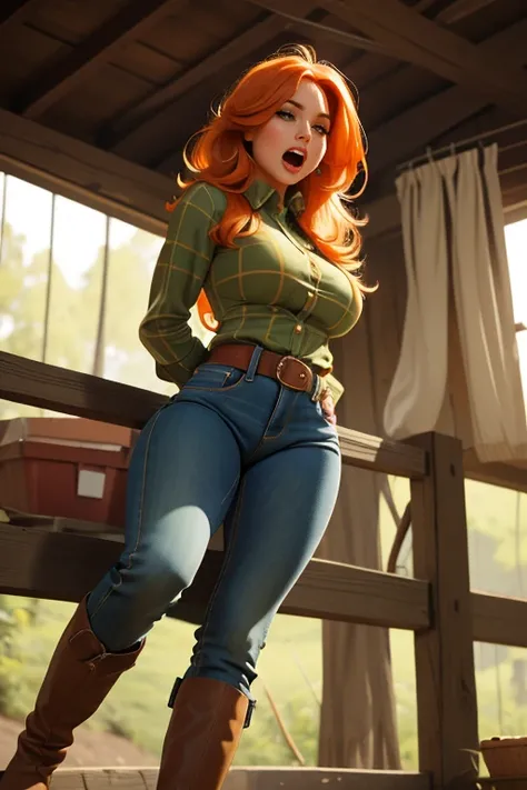 1 girl, Best Quality, masterpiece, cowboy shot, Orange hair, green eyes, tight clothes, barn, Wet, Green checkered shirt, Labor, sexy, ultra tight jeans, riding boots, half , cow print clothing:1.5, seductive, provocing, masterpiece, (dynamic angle:1.2), (...