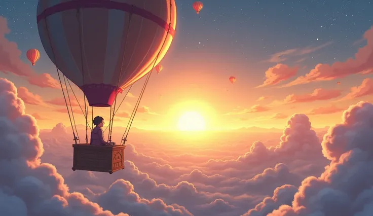  a solitary adventurer in a hot air balloon floats across a calm starry sky,  illuminated by a gentle sunrise .  Creatures of light float around him ,  radiating calm ,  while the adventurer , with a serene expression,  observes the vast golden horizon . T...