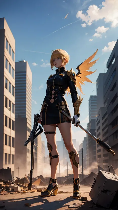  blond cyborg woman with colored hair, with big wings,  in an environment with destroyed buildings,  holding a radiant cane 