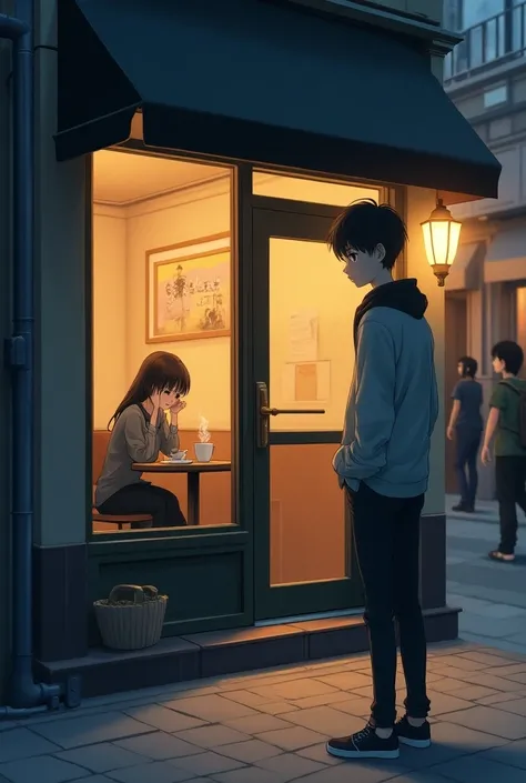  Scene outside a coffee shop ,  with a young man looking inside, Young man outside  ,  seeing a girl sitting inside . anime