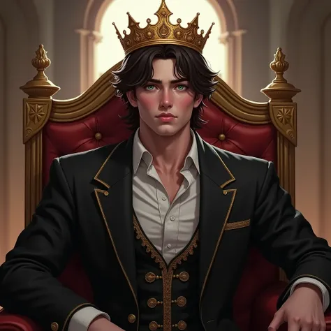  High quality digital illustration .  Of a handsome handsome man, a 26-year-old human king ,  represented in a fantastic medieval environment .  His face is masculine and well-defined ,  with a strong jaw and full lips in line that give him an authoritativ...