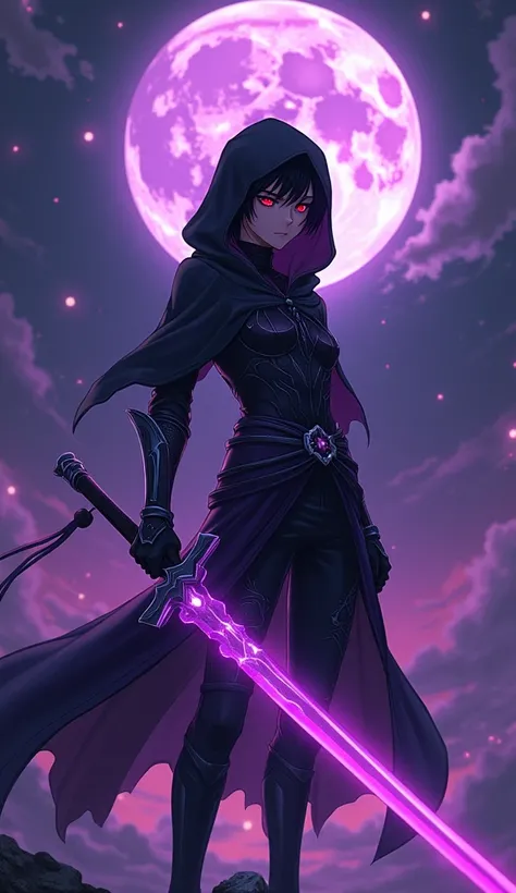  a young anime-style warrior , with black hair and red eyes,  wearing a black and purple costume , covered by a hood .  He holds a large sword with a bright purple blade,  that exudes a powerful aura . The night scene,  with a purple sky and a full moon , ...