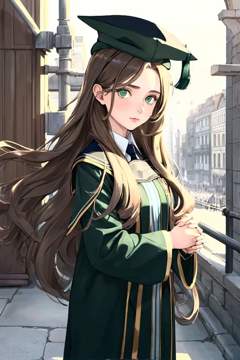 A girl with long hair, light brown hair color , green eyes,  dressed in a black graduation scholarship , with Royal blue stripe details,  on the head a graduation hat ,  on one hand holding a graduation tube.