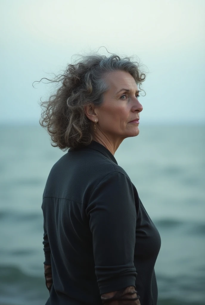 50-year-old woman with curly and curly hair. with your back to the sea