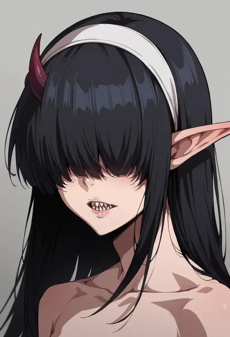 Rosto detalhado, grandes olhos, sharp teeth, hair over eyes, hairband, demon horns, demon wings, long hair, pointy ears, elf, black hair, peitos muito muito grandes, corpo inteiro, 1girl