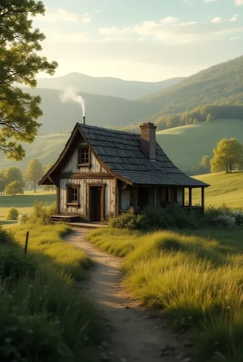 Late afternoon little house in the interior landscape 