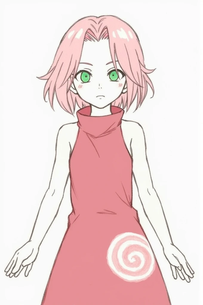 "A rough pencil sketch of Sakura Haruno from Naruto, standing facing the camera with her arms raised and extended sideways at shoulder height, palms facing outward. Her pink hair is medium-length with bangs framing her face and slightly wavy ends. Her larg...