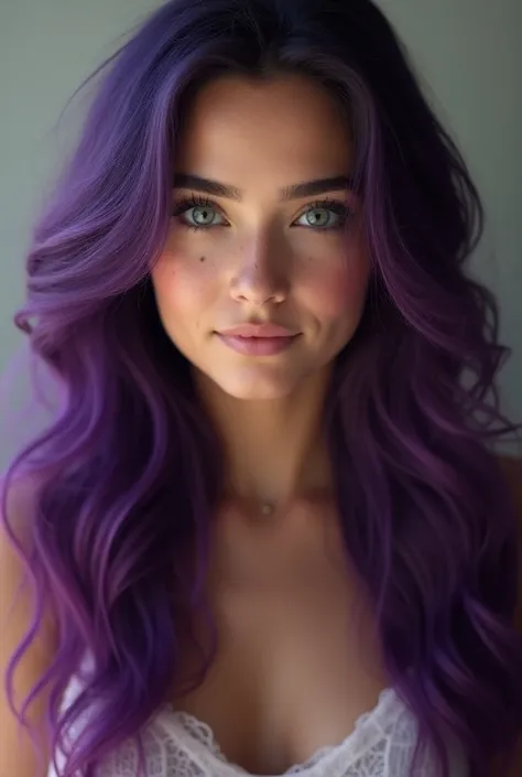  Beautiful developed girl with long wavy hair with part of the bangs painted purple, She has freckles long eyelashes  