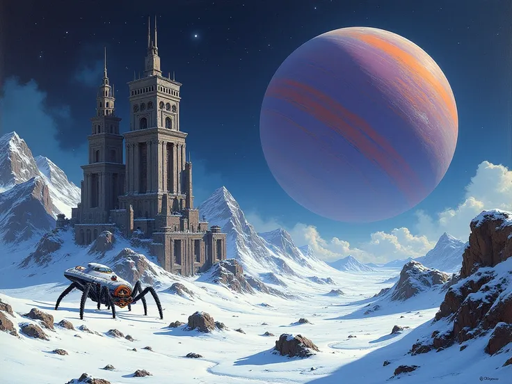  Cold landscape, snow and rocks, craters, a space base in the style of Sid Meads paintings, a nebula in the sky, stars and a huge purple with orange stripes planet with rings, sharp shadows, a group of alien spider robots are building a building, a spacesh...