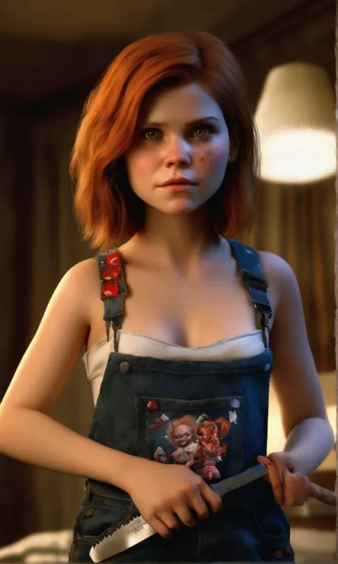 A young Kate Mara, age 20, playing the role of Chucky, wearing a scandalous sexy lingerie themed after Chuckys costume, Kate has large cracks and breaks in her skin crudely sewn or stitched back together in places, a crazy and malicious face expression, wi...