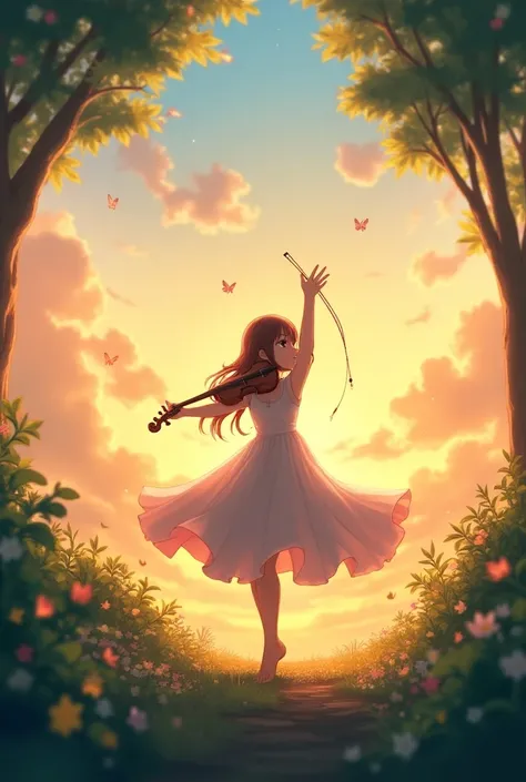 A full  nature in evening and sun set light drops falling from sky and a girl anime  is dancing  with kepping violen in her  two hands ans small butterfly are going towards sky 

