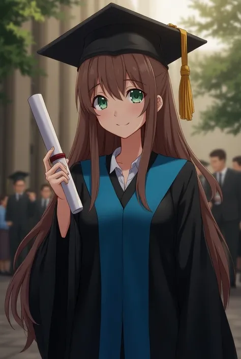 A girl with long hair, light brown hair color , green eyes,  dressed in a black graduation scholarship , with details of the blue stripe,  on the head a graduation hat ,  on one hand holding a graduation tube.