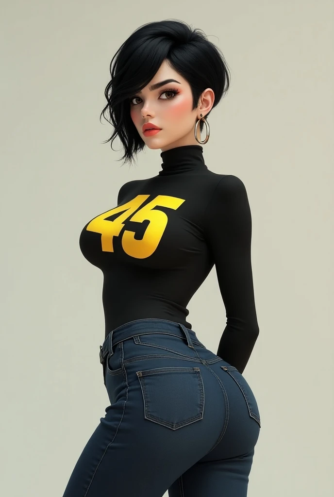 Woman with very short black hair, Big butt jeans tight and tight, Blouse with the number 45 in yellow on the chest